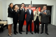 Toasting the opening of Le French May are Club Chairman T. Brian Stevenson (1st right), Consul General of France in Hong Kong and Macau Arnaud BarthAclAcmy (3rd right) and his spouse, Elisa Ghigo- BarthAclAcmy (1st left), Under Secretary for Home Affairs Florence Hui (2nd right), Le French May Chairman of the Board Dr Andrew Yuen (3rd left) and Director Michelle Ong (2nd left).