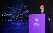 Mr T Brian Stevenson, Chairman of The Hong Kong Jockey Club, delivers a welcome speech at the 2013/14 Champion Awards presentation ceremony.
