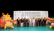 The Club's Head of Charities Projects Rhoda Chan (3rd right), Secretary for Food and Health Dr Ko Wing-man (5th right), FISAC-IRSF President Bram Herssens (5th left), FISAC-IRSF World Rope Skipping Championships 2014 Organising Committee Chairman Dr Patrick Ko (4th right), Hong Kong Rope Skipping Association President Professor Amy Ha (4th left), Hong Kong College of Cardiology President Dr Chan Kam-tim (2nd right), Leisure and Cultural Services Department Chief Leisure Manager (Sports Funding) Kelvin Leung (3rd left), Sports Federation and Olympic Committee of Hong Kong, China, Vice-President Herman Hu (2nd left), Hong Kong Polytechnic University Dean of Students Professor Keith Chan (1st right) and Hong Kong Delegation Honorary Manager Kenneth Fok (1st left) officiate at the closing ceremony of the Championships.