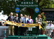 The Hong Kong Jockey Club CEO Winfried Engelbrecht-Bresges (third from left) poses for photo with Director General of France Galop Thierry Delegue (second from left) and the Chairman of the International Federation of Horseracing Authorities (IFHA) Louis Romanet (first from left) after presenting the trophy of the Prix Gontaut-Biron �V Hong Kong Jockey Club to the winning connections at the presentation ceremony.