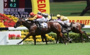 Photo 1, 2, 3:<br>
Tony Millard-trained Golden Harvest (No. 5, red cap), ridden by Joao Moreira, edges past Smart Volatility (No. 8, grey cap) and Peniaphobia (No. 7, yellow cap) to win the HKSAR Chief Executive's Cup (Class 1-1200M) at Sha Tin racecourse today.