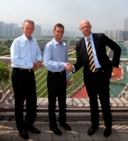 Kim Kelly (right), the Club��s Chief Stipendiary Steward and Steve Railton (left), Stipendiary Steward & Secretary, Licensing Committee, welcome Nash Rawiller to the Hong Kong jockey ranks.