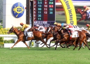 Photo 1, 2, 3:<br>
Richard Gibson-trained Gold-Fun (No.2, in red/yellow cap), with Douglas Whyte on board, powers home to win the HKG3 Celebration Cup (1400m) at Sha Tin racecourse today.