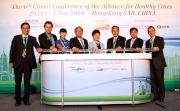 Club Deputy Chairman Anthony W K Chow (1st right) joined Chief Secretary for Administration Carrie Lam (4th right); Secretary for Food and Health Dr Ko Wing-man (2nd right); World Health Organisation Regional Director for the Western Pacific Dr Shin Young-soo (4th left); China Hong Kong Chapter of the AFHC Chairman Dr George Ng (3rd right); the 6th Global Conference of the AFHC Organising Committee Chairman Scarlett Pong (3rd left) and other guests to officiate at the opening ceremony of the biennial global conference.