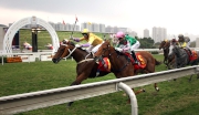 圖1、2、3:<br>
香港速度系列首關賽事Kent & Curwen 百週年紀念短途盃，今日在沙田馬場舉行，韋達策騎告東尼訓練的「幸福指數」（１號馬、黃色綵衣）勝出這場途程1000米的香港一級賽。