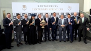 Representatives of HKJC, Trinity Limited and Fung Retailing Limited, toast and congratulate Peniaphobia owner Huang Kai Wen after the horse��s victory in the Kent & Curwen Centenary Sprint Cup.