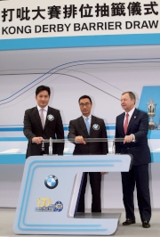 From left: Newman Tsang, Managing Director - Hong Kong & Macau, BMW Concessionaires (HK) Ltd & Sime Darby Motor Group (HK) Limited; Michael Lee, Steward of The Hong Kong Jockey Club; and Winfried Engelbrecht-Bresges, Chief Executive Officer of The Hong Kong Jockey Club, officiate at the BMW Hong Kong Derby 2015 barrier draw ceremony at the parade ring of Sha Tin racecourse today.