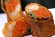 Smoky Bean Curd Sheet Roll Filled With Lobster Fillet, Tribute Vegetables, Carrot And Black Mushrooms<br>
(2012 Best of the Best Culinary Gold with Distinction Award)