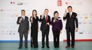 Club Steward Michael T H Lee (1st left), Under Secretary for Home Affairs Florence Hui (2nd right), Consul-General of France in Hong Kong and Macau Arnaud Barthelemy (centre), Chairman of the Board of Le French May Andrew Yuen (1st right) and celebrity ambassador Karena Lam (2nd left) at Le French May press conference.