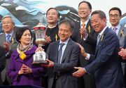 Photo 8, 9, 10: Dr Simon S O Ip, Chairman of The Hong Kong Jockey Club, presents the winning trophy and gold-plated dishes to Mr. Terry Fok Kwong Hang, Owner of the BMW Hong Kong Derby winner LUGER, as well as winning trainer John Size and jockey Zac Purton.