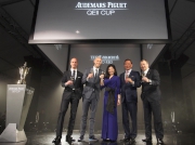 Officiating guests toast on stage to wish every success to the AP QEII Cup race day on 26 April.  From left: Mr. David von Gunten, Chief Executive Officer, Greater China of Audemars Piguet; Mr. Tim Sayler, Chief Marketing Officer of Audemars Piguet; Ms. Cherie Chung, guest of honour of Audemars Piguet; Dr. Simon S O Ip, Chairman of HKJC and Mr. Winfried Engelbrecht-Bresges, CEO, HKJC.