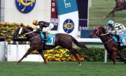 Photos 1, 2, 3<br>Able Friend, trained by John Moore and ridden by Joao Moreira, wins the Group 1 Champions Mile at Sha Tin Racecourse today. Rewarding Hero and Dan Excel finish second and third in this HK$14 million event.