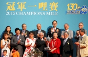Photos 7, 8, 9<br>Mr Timothy Fok Tsun-ting (first row, second from right), President of the Sports Federation & Olympic Committee of Hong Kong, China, presents the Champions Mile trophy and gold-plated dishes to Dr & Mrs Cornel Li Fook Kwan, Owner of Able Friend, winning trainer John Moore and jockey Joao Moreira.