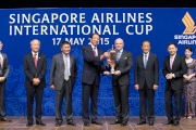 Photo 5, 6, 7<br>
DAN EXCEL��s owner David Philip Boehm, trainer John Moore and jockey Tommy Berry, receive their winning trophies at the Singapore Airlines International Cup presentation ceremony.