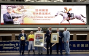 From left: Trainer Tony Cruz, Jockey Matthew Chadwick, California Memory��s Owner Mr Howard Liang Yum Shing, Club Chairman Dr Simon Ip, Club CEO Mr Winfried Engelbrecht-Bresges, and the Club��s Executive Director of Racing, William A Nader, pose for a group photo at the farewell ceremony.