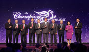 Officiating guests toast to kick off the Champion Awards presentation ceremony for the 2014/15 racing season. From left: <br>
Mr Apollo Ng, President of the Hong Kong Racehorse Owners Association<br>Mr Winfried Engelbrecht-Bresges, CEO of The Hong Kong Jockey Club<br>The Hon Sir C K Chow, Steward of The Hong Kong Jockey Club<br>Mr Philip N L Chen, Steward of The Hong Kong Jockey Club<br>Mr Anthony W K Chow, Deputy Chairman of The Hong Kong Jockey Club<br>Dr Simon S O Ip, Chairman of The Hong Kong Jockey Club <br>Mr Lester C H Kwok, Steward of The Hong Kong Jockey Club<br>Dr Eric K C Li, Steward of The Hong Kong Jockey Club<br>Mrs Margaret Leung, Steward of The Hong Kong Jockey Club<br>Mr Carlos Wu, Chairman of the Association of Hong Kong Racing Journalists