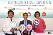 The Cluba?s Executive Director, Charities and Community, Leong Cheung (centre) joins the CUHK Jockey Club Institute of Ageing Director Professor Jean Woo (right) and Management Committee Member Professor Hung Wong (left) at the AgeWatch Index press conference.