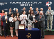 Photo 5, 6, 7: Club Steward Lester Kwok (front row, first from right) presents the LONGINES Jockey Club Cup trophy and silver dishes to the owner of Military Attack Canny Leung Chi Shan, trainer Caspar Fownes  and jockey Zac Purton.