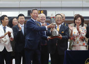 Photo 8, 9, 10: At the trophy presentation ceremony, HKJC Chairman Dr Simon Ip presents the Derby winning trophy and gold-plated dishes to Werther's owner Johnson Chen, trainer John Moore and jockey Hugh Bowman.