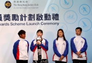 Hong Kong elite badminton players Lee Chun-hei (1st right) and Chau Hoi-wah (2nd right), windsurfer Lo Sin-lam (1st left) and wheelchair fencer Yu Chui-yee (2nd left) take part in an experience-sharing session at the Jockey Club AIAS Launch Ceremony.