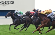 Photo 1, 2<br>
Hong Kong runner Gold-Fun (gold silk with red spots), trained by Richard Gibson and ridden by Christophe Soumillon, is just defeated by Twilight Son and runs a great second in the G1 Diamond Jubilee Stakes (turf, 1200m) at Ascot racecourse, on Saturday (18 June) night.