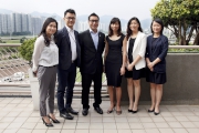Richard Cheung (third from left) is joined by Executive Manager, Racing Marketing and Sponsorship Sandra Chan (left); Manager, Broadcasting Services Ken Chan (second from left); Executive Manager, Customer Management (Public Segment) Joice Lam (third from right); Executive Manager, Customer Digital Experience Development Birgitta Tam (second from right); and Executive Manager, Business Planning Betty Yee (right); at today��s press briefing.