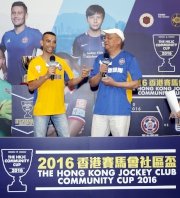 Champion Jockey Joao Moreira (left) and local football legend Peter Wong (right) introduce the exhibition match between top jockeys and football legends.