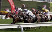 Photos 1, 2<br>
Amazing Kids (No. 3, left) takes the National Day Cup (G3-1000m) under jockey Brett Prebble.