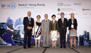 The Cluba?s Deputy Chairman Anthony Chow (3rd left) joins Chief Secretary for Administration Carrie Lam (3rd right), Founder and Director of Walk21 Jim Walker (1st left), Chairman of MTR Corporation Professor Frederick Ma (2nd right), Co-Chair of Civic Exchange Lisa Genasci (1st right) and CEO Maura Wong of Civic Exchange (2nd left) at the opening ceremony of the Walk21 Hong Kong Conference.
