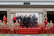 Song Ru��an, Deputy Commissioner of the Ministry of Foreign Affairs of the People��s Republic of China in the HKSAR (front row, second from left), Club Chairman Dr Simon S O Ip (front row, second from right), Club Deputy Chairman Anthony Chow (front row, first from left), Club Stewards and CEO Winfried Engelbrecht-Bresges (front row, first from right), officiate at the opening ceremony of the National Day race meeting at Sha Tin Racecourse.