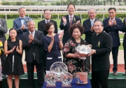 Photo 6, 7, 8<br>
Club Steward Stephen Ip Shu Kwan presents the Premier Bowl trophy and silver dishes to the representative of Lucky Syndicate, owner of Lucky Bubbles, winning trainer Francis Lui and jockey Brett Prebble.
