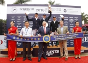 The Cluba?s Chief Executive Officer Winfried Engelbrecht-Bresges (middle of the front row) and Executive Director of Racing Authority Andrew Harding (second from right, front row) present prizes to winners of The Hong Kong Jockey Club Champion Competition.