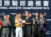 Photo 8, 9<br>
Ms Karen Au Yeung (right), Vice President of LONGINES Hong Kong, presents medals to both Keita Tosaki and Mirco Demuro, second runner-up of the LONGINES International Jockeys' Championship.
