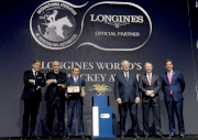 From right: Mr. Jim Gagliano, Vice-Chairman (Americas) of the IFHA; Mr. Winfried Engelbrecht-Bresges, Vice-Chairman (Asia) of the IFHA and Chief Executive Officer of the Hong Kong Jockey Club; Mr. Louis Romanet, Chairman of the IFHA; Mr. Ryan Moore; Mr. Walter von Känel, President of LONGINES; and Mr. Juan-Carlos Capelli, Vice President of LONGINES and Head of International Marketing, smile for a group photo after the LONGINES World��s Best Jockey Award ceremony.