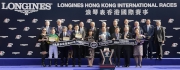 All smile to cameras at the LONGINES Hong Kong Vase trophy presentation ceremony.