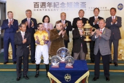 5, 6, 7<br>Lester C H Kwok, a Steward of The Hong Kong Jockey Club, presents the Centenary Sprint Cup winning trophy and the silver dishes to Huang Kai Wen, owner of winning horse Peniaphobia , winning trainer Tony Cruz and jockey Neil Callan.