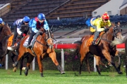 Rapper Dragon (blue and red silks) passes the post fifth in a 1000m barrier trial at Sha Tin this morning.