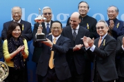 8, 9, 10<br>Anthony W K Chow (right), Deputy Chairman of the Club, presents the Citi Hong Kong Gold Cup trophy and gold-plated dishes to Johnson Chen, John Moore and Hugh Bowman, owner, trainer and jockey of the winning horse Werther.