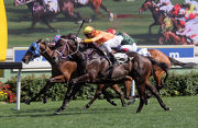 The Chris So-trained Everest (in orange) scores his maiden win under Sam Clipperton in the Class 4 Port Shelter Handicap (1400m).