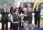 Photos 3, 4, 5: At the trophy presentation ceremony, Club��s Steward The Hon Sir C K Chow presents the Sprint Cup and silver dishes to representative of Mr Stunning��s owner Maurice Koo Win Chong, trainer John Size and jockey Joao Moreira at the presentation ceremony.