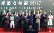 Photo 5, 6, 7, 8: At the Audemars Piguet QEII Cup trophy presentation ceremony, Dr Simon Ip, Chairman of the Club, presents the winning trophy to owner representative for Neorealism; trainer Noriyuki Hori and jockey Joao Moreira.