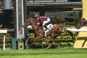 Great Joy, trained by David Hall, races clear for an easy win under Zac Purton in the Class 4 Norfolk Handicap (1650m).