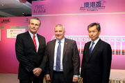 From left: Peter Dombkins, Acting Chief Stipendiary Steward of the Macau Jockey Club; Anthony Kelly, Executive Director, Racing Business and Operations of The Hong Kong Jockey Club and Kwang Eng Seong, Operations Controller of the Macau Jockey Club attend the 2017 Macau Hong Kong Trophy barrier draw ceremony today.