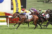Photo 1, 2: John Moore-trained Booming Delight, ridden by Sam Clipperton, won the Group 3 Lion Rock Trophy Handicap (1600m) at Sha Tin Racecourse today.