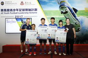 The Cluba?s Executive Director, Corporate Planning, Communications and Membership, Scarlette Leung (1st right ) and Hong Kong Head Coach of Manchester United Soccer School Christopher Oa?Brien ( 1st left ) present certificates and medals to the four best performers of the HKJC Soccer 4 aᡧElite Youth Clinic.
