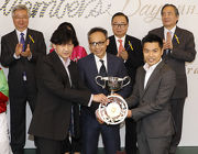 Photo 4, 5, 6<br>
Mr. Patrick Kwok Ho Chuen, a Club Member and an Owner, presents the trophy to Mr. Conrad Fung Kwok Keung and Chris Fung Kwok Hung, the winning owners of Jumbo Luck, trainer Francis Lui and jockey Joao Moreira. 
