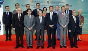 Club Chairman Dr Simon S O Ip (front row, 3rd right); Chief Executive Officer Winfried Engelbrecht-Bresges (back row, 3rd right); Chief Secretary for Administration Matthew Cheung (front row, 3rd left); Secretary for Food and Health Dr Ko Wing-man (front row, 2nd left); HKU Council Chairman Professor Arthur Li (front row, 2nd right); Hospital Authority Chairman Professor John Leong (front row, 1st right); Chairman of Hong Kong Tuberculosis, Chest and Heart Diseases Association Steve Lan (front row, 1st left); Under Secretary for Food and Health Professor Sophia Chan (back row, 4th right); HKU President and Vice-Chancellor Professor Peter Mathieson (back row, 2nd right); Vice-President (Institutional Advancement) Douglas So (back row, 4th left); Dean of Medicine Professor Gabriel Leung (back row, 3rd left); Hospital Authority Cluster Chief Executive, Hong Kong West Cluster Dr Luk Che-chung (back row, 2nd left); HKU Foundation Board of Directors Chairman Professor Rosie Young (back row, 1st right) and the Cluba?s Executive Director, Charities and Community, Cheung Leong (back row, 1st left).