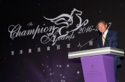 Dr Simon S O Ip, Chairman of The Hong Kong Jockey Club, delivers a welcome speech at the 2016/17 Champion Awards presentation ceremony.