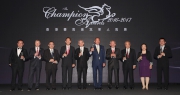 Officiating guests share a champagne toast to kick off the Champion Awards presentation ceremony for the 2016/17 racing season. From left: <br>
Dr. Allen Shi, President of Hong Kong Racehorse Owners Association <br>
Mr. Winfried Engelbrecht-Bresges, CEO of The Hong Kong Jockey Club<br>
The Hon. Martin Liao, Steward of The Hong Kong Jockey Club<br>
Mr. Philip N L Chen, Steward of The Hong Kong Jockey Club<br>
Mr. Anthony W K Chow, Deputy Chairman of The Hong Kong Jockey Club<br>
Dr. Simon S O Ip, Chairman of The Hong Kong Jockey Club<br>
Mr. Lester C H Kwok, Steward of The Hong Kong Jockey Club<br>
The Hon. Sir CK Chow, Steward of The Hong Kong Jockey Club<br>
Mrs. Margaret Leung, Steward of The Hong Kong Jockey Club<br>
Mr. Carlos Wu, Chairman of the Association of Hong Kong Racing Journalists