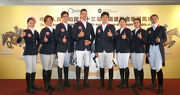 Members of the Hong Kong Equestrian Team, Annie Ho (1st left), Nicole Pearson (2nd left), Thomas Ho (3rd left), Patrick Lam (4th left), Kenneth Cheng (4th right), Raena Leung (3rd right), Clarissa Lyra (2nd right) and Jacqueline Siu (1st right) are confident of strong performances at the National Games. 
